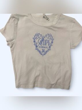 Formal Beige Short Sleeve Tee with Blue Heart Graphic